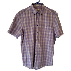 Lacoste Mens Short Sleeve Button Down Shirt Size 43 L XL Purple Plaid Preppy